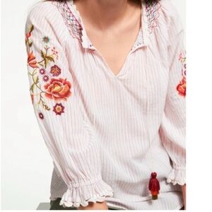 Velvet Rina Embroidered Peasant Blouse Boho Cottagecore Floral Stripe Top S
